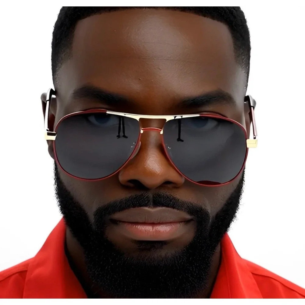 Men's Fashion Sunglasses Red Metal Frame Gold Accents‎ Dark Lenses Sophisticated